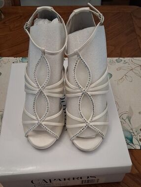 Caparros Ivory Satin Rhinestone Open-Toe Ankle-Strap Heels